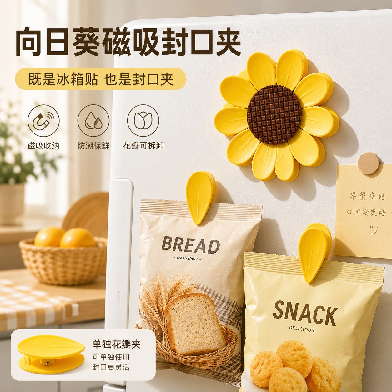 向日葵磁吸封口夹冰箱贴密封夹