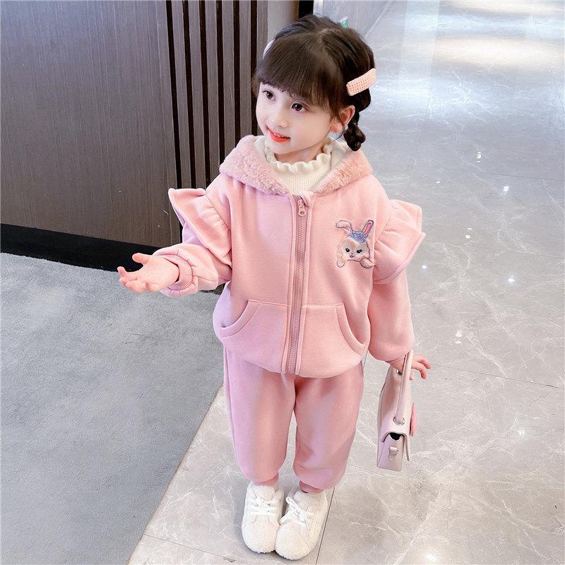 어린 소녀의 패셔너블한 인터넷 연예인 플러스 벨벳 가을 겨울 정장 3세 여자  캐주얼 두꺼워진 투피스 패션 겨울 정장 5