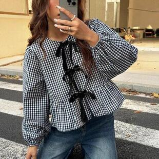 Women's Plaid Print Blouse Casual Bishop Sleeve Casual