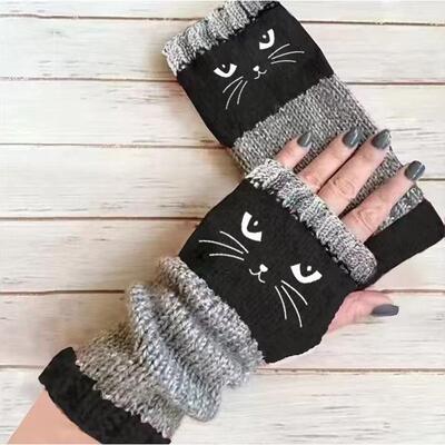 Women's Trendy Knitted Fingerless Gloves - Cat Embroidery