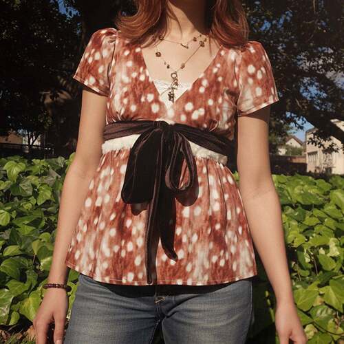 Animal Print V Neck A-Line Y2K Cute T-Shirt with Tie Detail