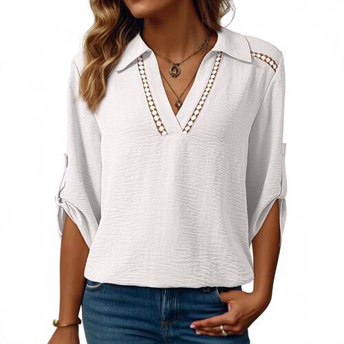 Women's V Neck Solid Color Blouse Shirt Hollow Out Design