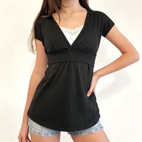 Lace Patchwork Bow V-Neck Fitted T-Shirt Y2K Short Sleeve
