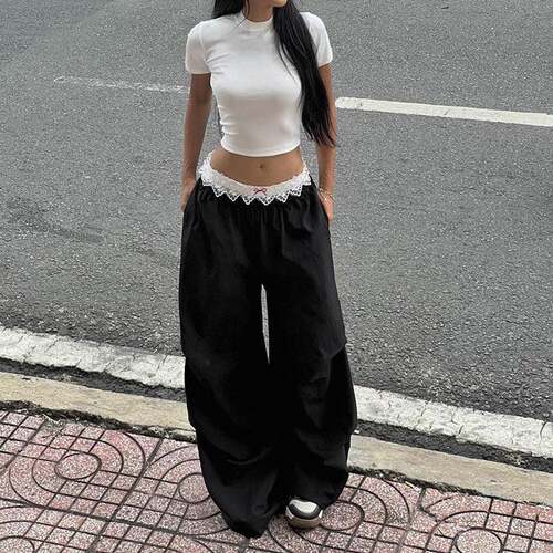 Womens Colorblock Patchwork Bow Front Contrast Lace Cargo