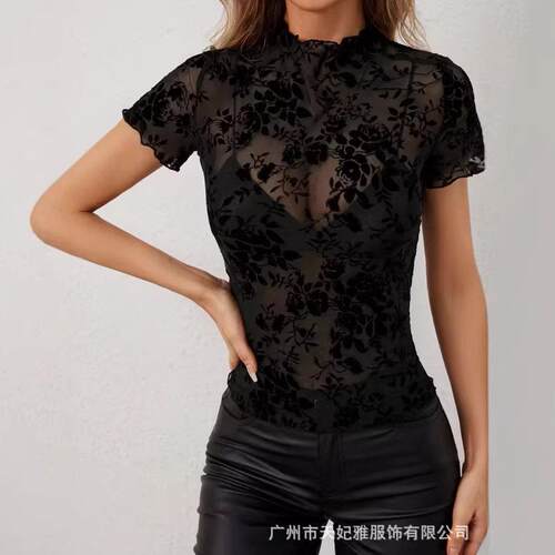 Sexy Short Sleeve T-Shirt Stand Collar Design Mesh Velvet