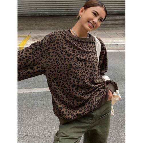 Women's Leopard Print Oversized Crew Neck Sweatshirt  Long