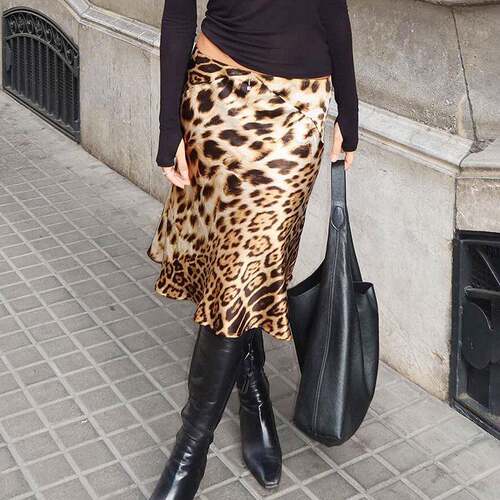 Women's Leopard Satin Patchwork Long Skirt Y2K Low Waist