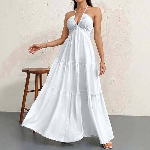 Women's Deep V Neck Tie Knot Backless Halter Dress A Line