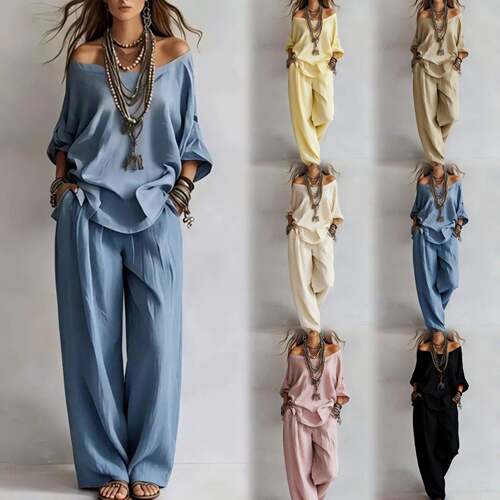 Women's Summer Solid 3/4 Sleeve Tops & Wide Leg Pants Set
