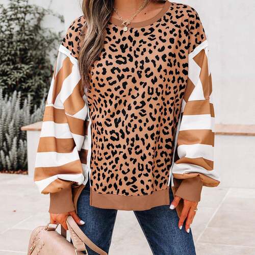 Women's Fashion Stripe Color Block Patchwork Leopard Casual