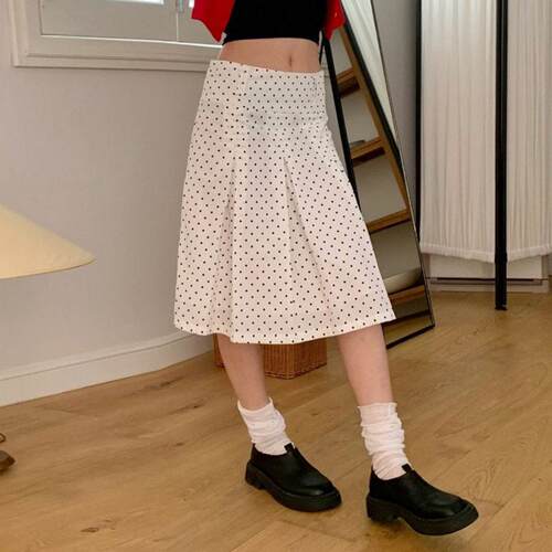 Elegant Y2K Vintage Polka Dot Pleated High-Waisted Long