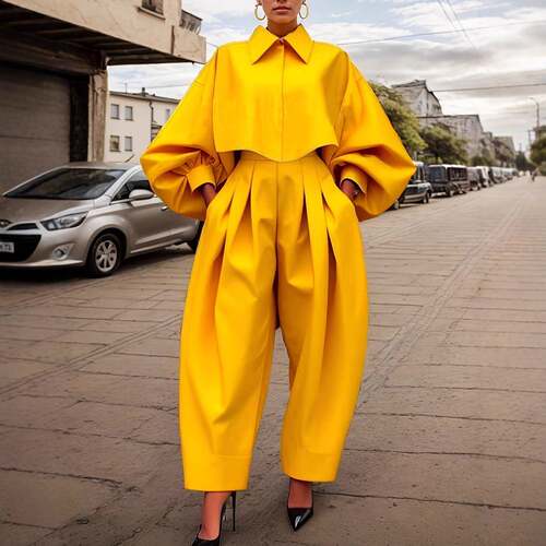 Long Sleeves Loose Buttoned Pleated Solid Color Lapel