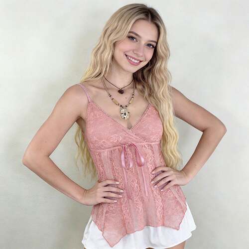 Y2K Lace V Neck Halter Top for Girls Cute Boho Sleeveless