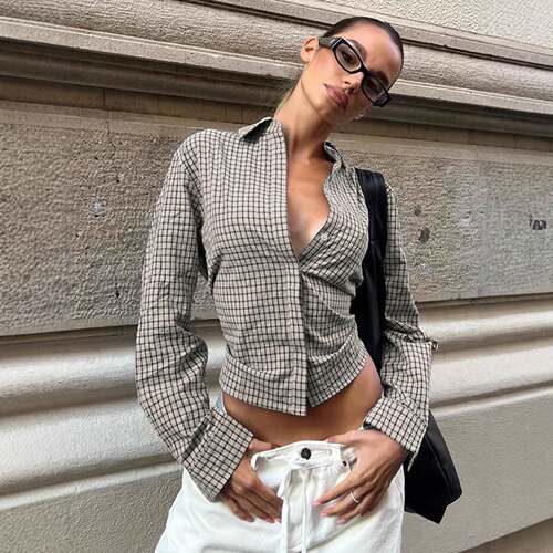 French Style Lazy Chic Belted Waist Slimming Plaid Shirt