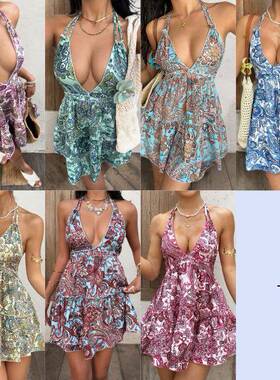 Women's Bohemian Backless Bow Tie Dress  Casual Vacation