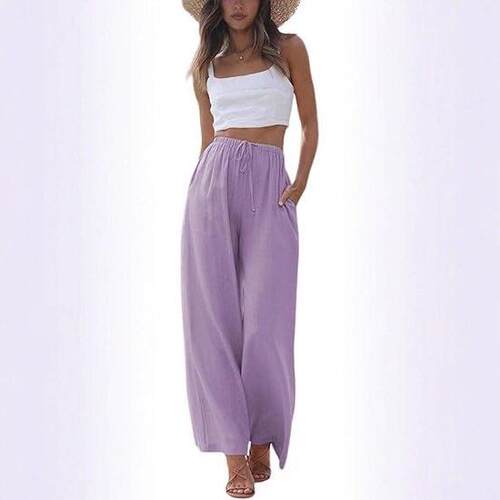 2026 Women's Linen Casual Pocket Drawstring Wide-Leg Pants -