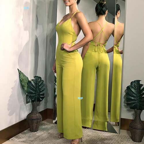 Women's Sexy Backless Strap Romper Fitted Straight Leg