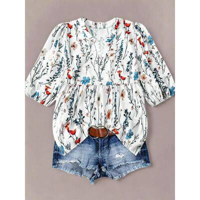 Floral Print Fitted Shirt Blouse Casual Boho Style