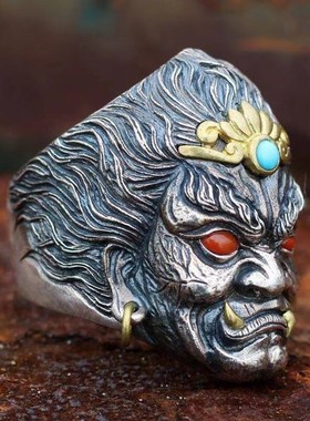 2026霸气不动明王戒指男款潮藏银手工精雕复古个性仿绿松南红石食