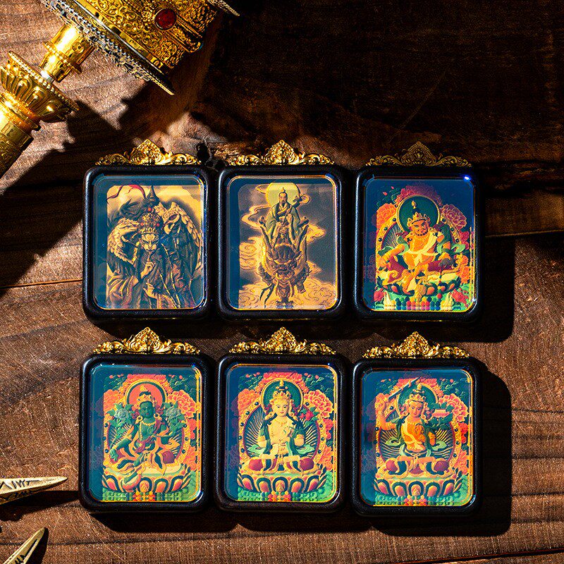 2026彩绘擦擦唐卡吊坠绿度母关公八大守护白鹤童子文殊可定图随身