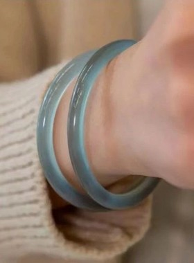 2026新款玉髓美人镯库里兰圆条镯子冰灰蓝绿冰透蓝灰墨蓝玉镯