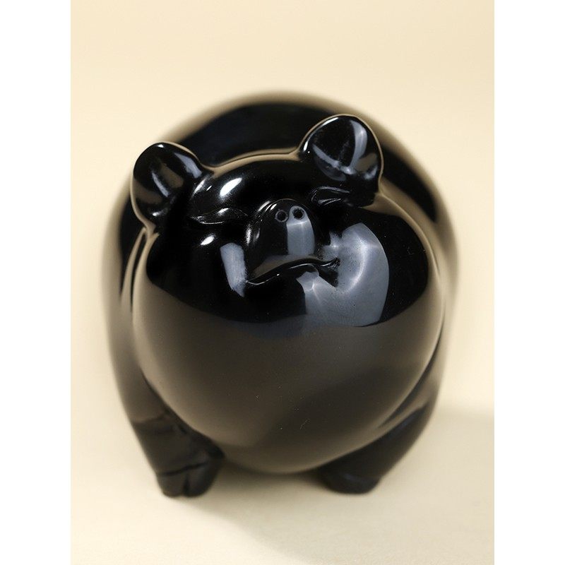 2026天然黑曜石猪饰品黑色水晶石雕生肖猪饰品家庭吉祥物玉器饰品