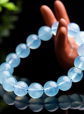 2026天然水晶海蓝宝手链 魔鬼蓝冰种海蓝宝原石单圈蓝色珠子 简约