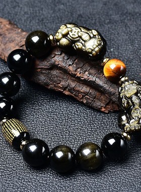 2026天然金曜石双貔貅手链 情侣手串男女款黑色复古风虎眼石单圈