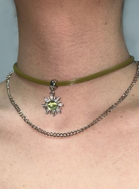 2026美拉德太阳花绿色虎眼石皮绳项链女小众轻奢ins冷淡风锁骨链