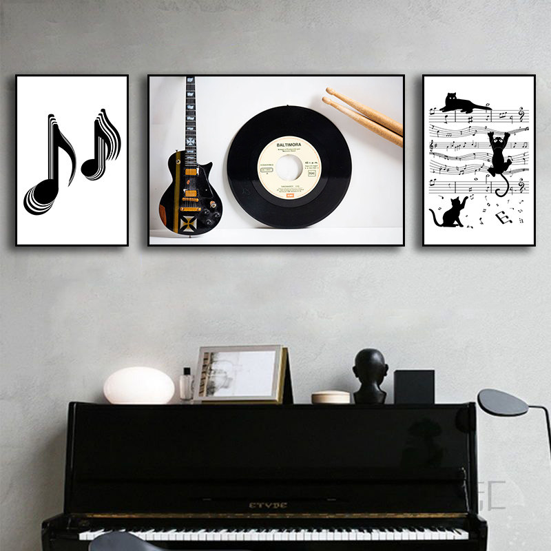 房间卧室黑白高级感客厅装饰画钢琴乐器音乐教室琴行吉他琴谱挂画