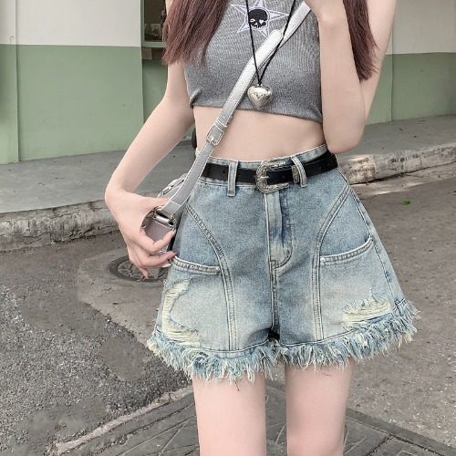 复古胖MM梨形身材高腰牛仔短裤女夏显瘦设计感破洞毛边短款裤大码