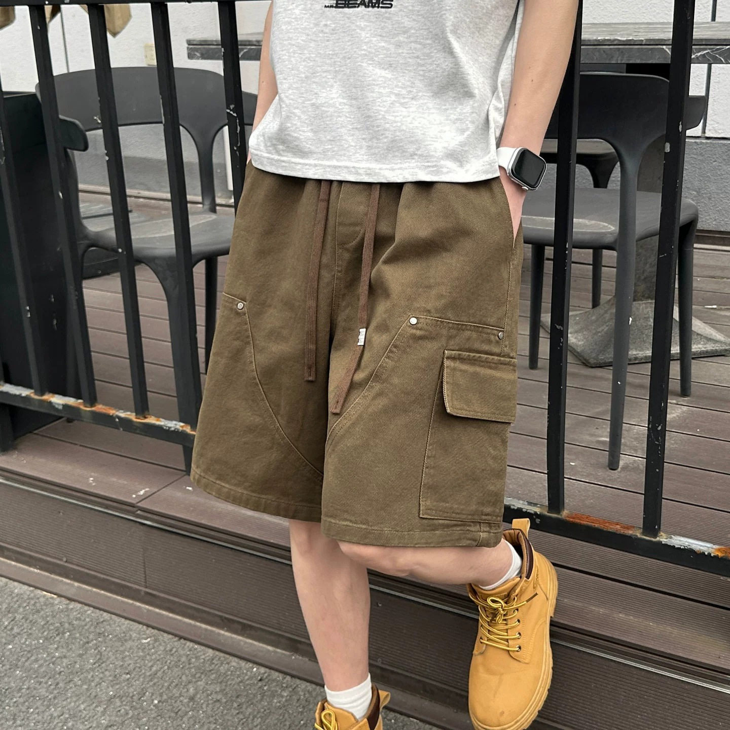 美式复古棕色水洗工装短裤男款夏季休闲伐木工装风宽松五分阔腿裤