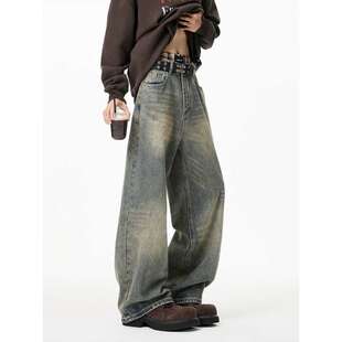 美式新款复古水洗牛仔裤男冬季潮牌cleanfit微喇长裤宽松百搭裤子