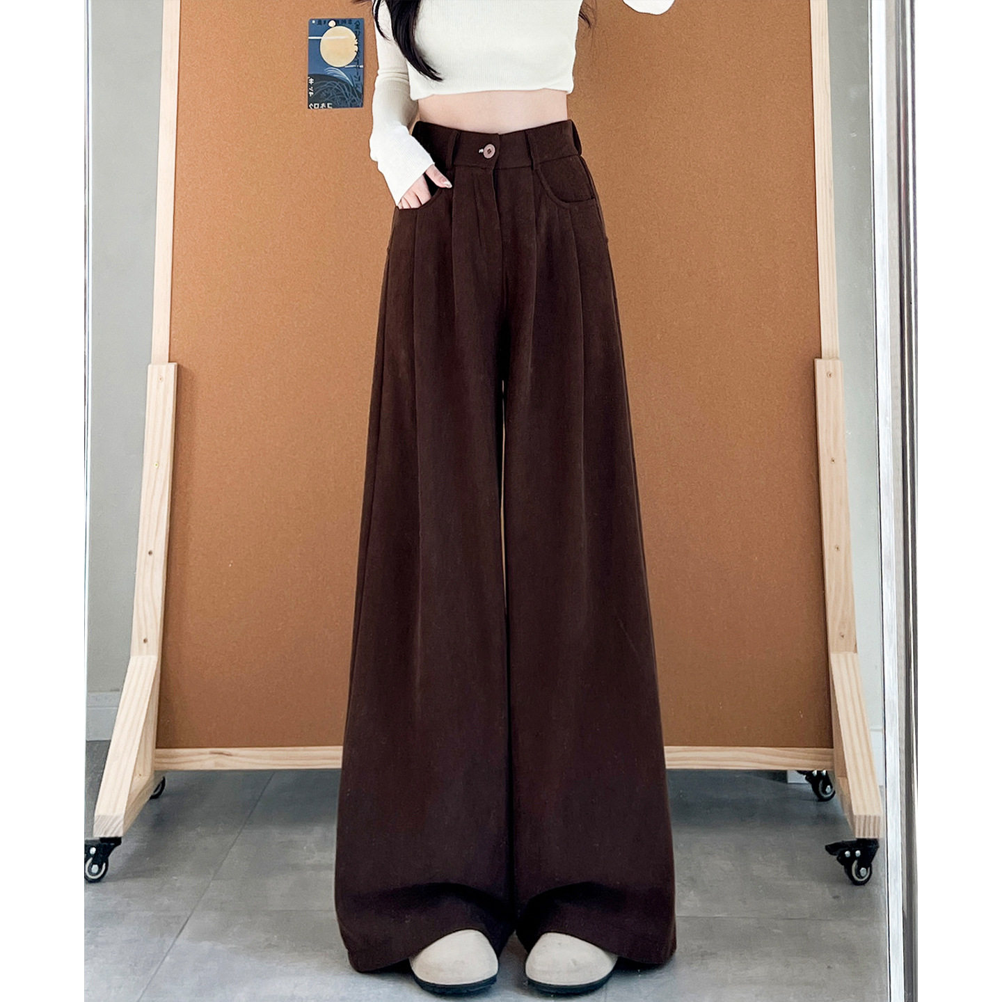 棕色灯芯绒西装裤女秋冬新款小个子高腰显瘦垂坠感加绒加厚阔腿裤