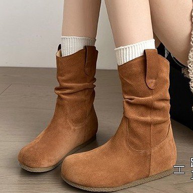 复古褶皱堆堆短靴女2025年秋冬季新款百搭薄绒短靴平底中筒瘦瘦靴