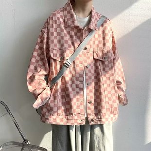 粉色棋盘格夹克男2025春秋季潮牌牛仔外套小香风美式情侣装工装