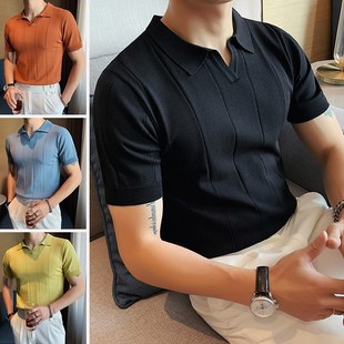 日系痞帅纯色百搭针织上衣 polo衫 男潮流潮牌夏季 带领t恤男士 短袖