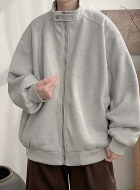 美式立领呢料夹克男士潮牌宽松休闲oersize复古情侣运动毛呢外套