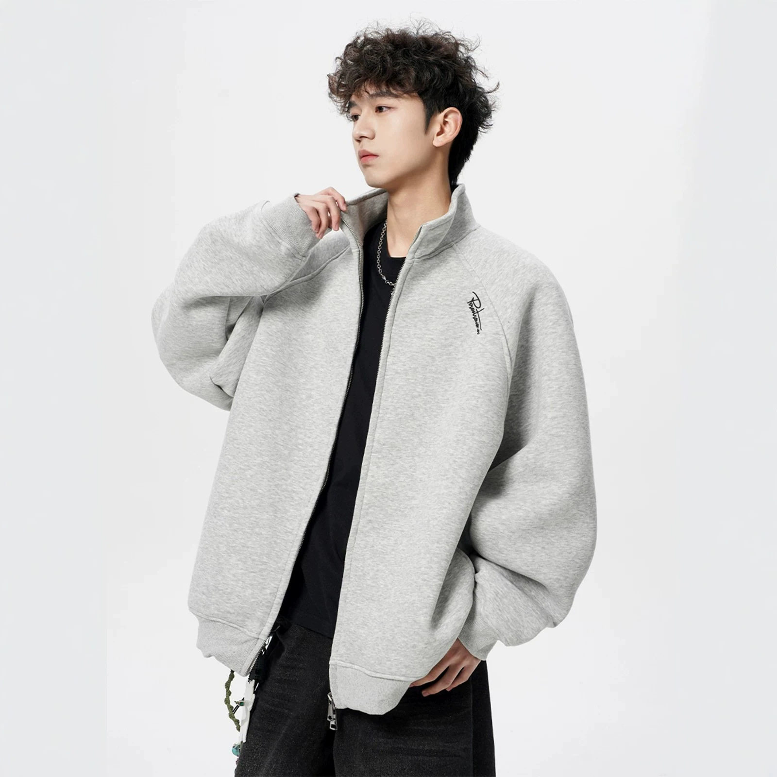 美式重磅短款立领夹克男春秋潮牌字母刺绣感百搭开衫卫衣外套