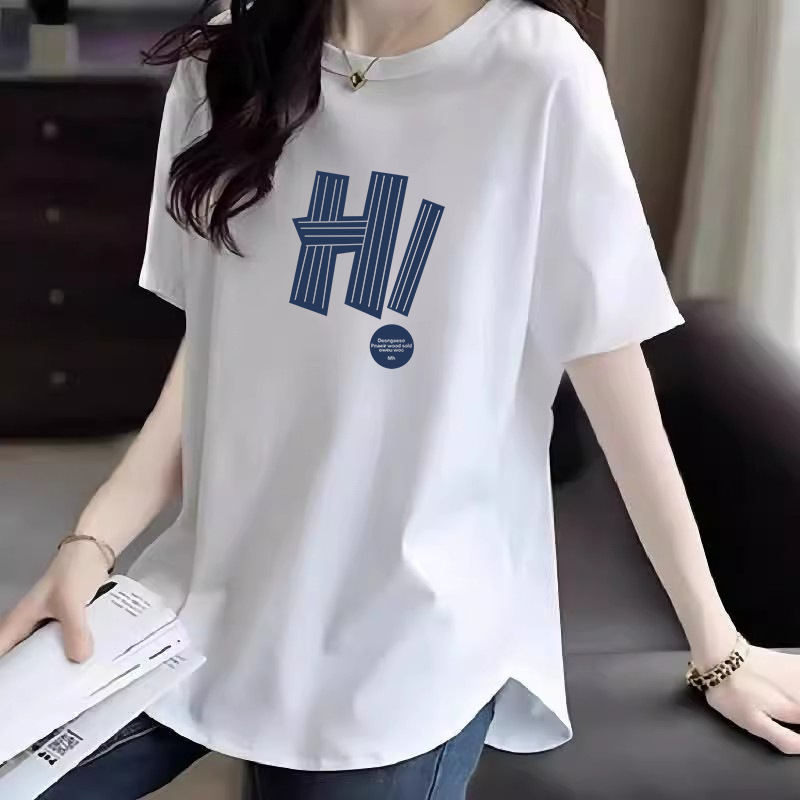纯棉短袖t恤女2025新款夏中长款遮屁股弧形下摆微胖正肩显瘦上衣