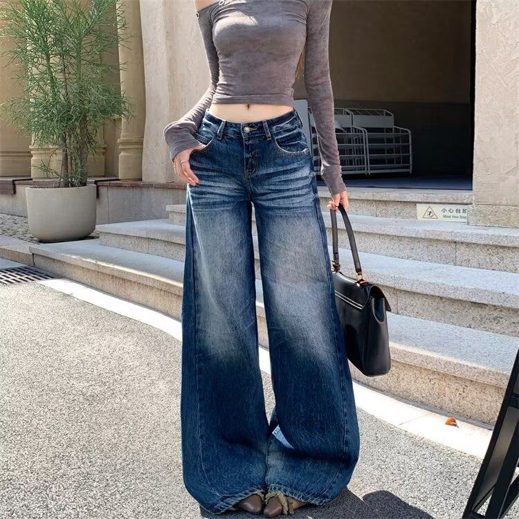 美式复古阔腿牛仔裤女2026春季新款重工猫须设计感宽松垂感拖地裤