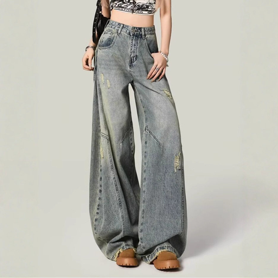 2026新款美式高街复古蓝梨形阔腿牛仔裤女高腰破洞宽松弯刀裤子」