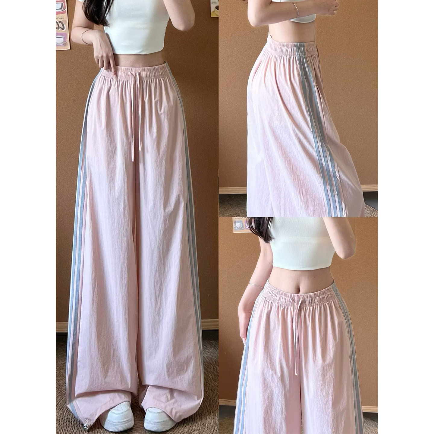 冰莓粉三杠条纹运动裤女夏季薄款高腰显瘦速干裤宽松垂感阔腿裤