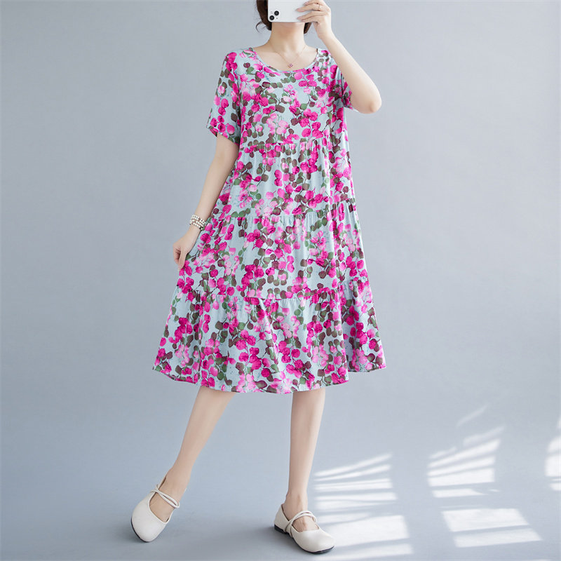 棉绸睡裙女夏季新款时尚洋派碎花大尺码短袖洋装夏天人造棉睡衣裙
