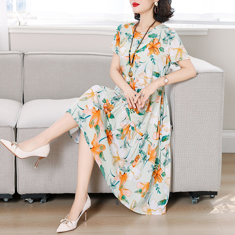 棉绸睡裙女夏季妈妈短袖连衣裙洋气大码宽松家居服绵绸人造棉睡衣