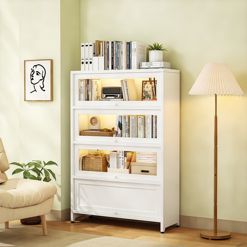 润虎家俱钢制书柜带玻璃门落地家用客厅简易收纳柜一体防尘书架