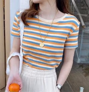网红条纹短袖t恤女士2021年夏季新款女装修身上衣学生韩版打底衫