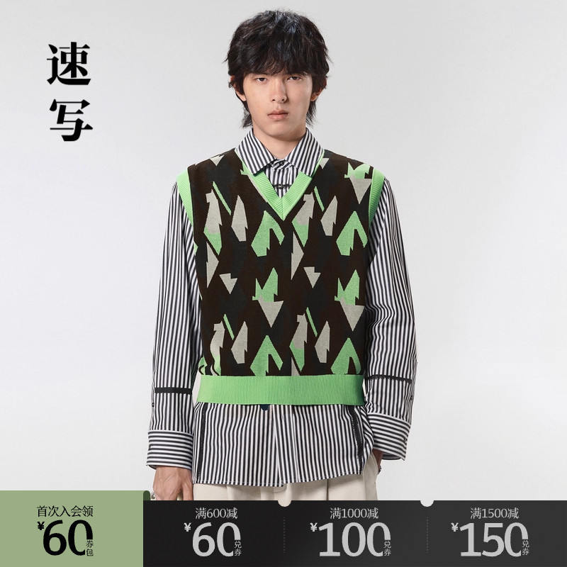 速写撞色套头毛衣背心