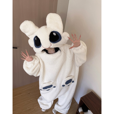 无牙仔连体情侣睡衣女冬季珊瑚绒可爱连帽睡袍男士加绒加厚家居服