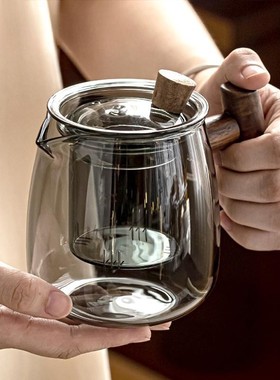 600ml轻奢耐高温高硼硅烟榭壶茶水分离泡茶壶木柄侧把分茶煮茶壶